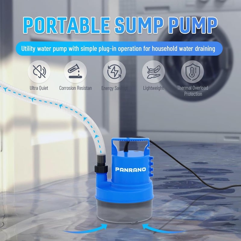 PANRANO 1/2 HP Submersible Water Pump 2900 GPH Portable Small Sump Pump For Pool Cover, Basements, Puddles, Gardens Ponds With 16.4 Ft Power Cord and Hose Adapters, Sky Blue - Image 2